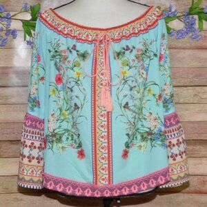 Umgee Boho Bold Floral Mixed Print Bell Sleeve Tassel Blouse Top Size M Cottage